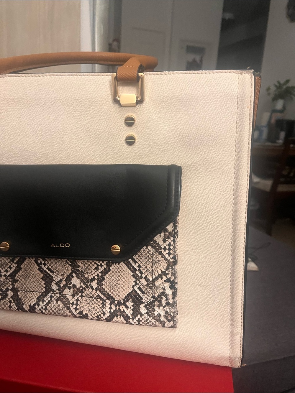 ALDO Colorblock Executive Tote Bag | Cream, Cognac & Black Faux Snakeskin Pocket - Picture 9 of 12